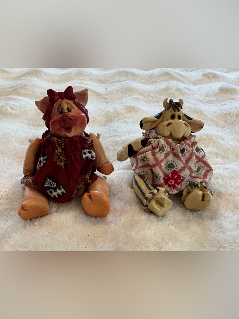 Vintage Russ Berrie & Co. jointed shelf-sitter cow and pig figurines
